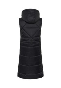 Čierny bezrukávový puffer vest s kapucňou, so vzorom diamantového prešívania a horizontálnym švom, vyrobený z hladkého, lesklého materiálu.
