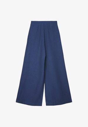 Pantalon large marine en tissu doux, avec une taille haute, des plis à l'avant et une texture lisse et uniforme.