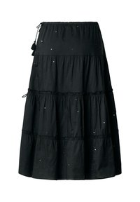 Črno večplastno midi krilo z nežno raztresenimi bleščicami ter nastavljivimi vezalkami v pasu in ob strani.