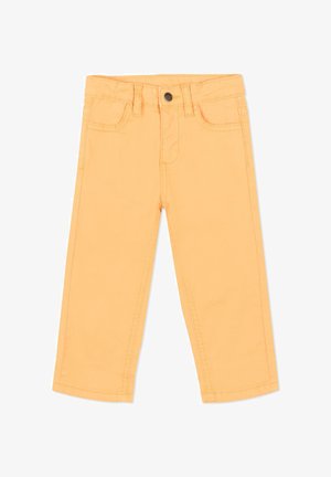 Pantalon droit pour enfants de couleur orange clair uni, avec poches avant, passants pour ceinture et fermeture par bouton.