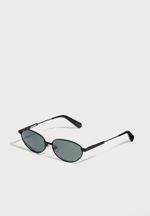 Lunettes de soleil noires à monture ovale avec des verres gris foncé posées sur une surface blanche, inclinées pour montrer les détails avant et latéraux.