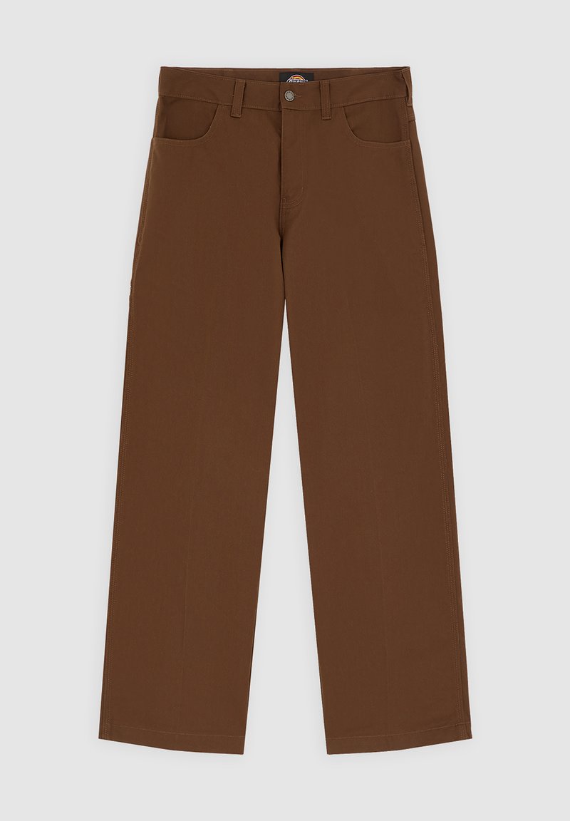 Brown cotton trousers with a straight-leg design, featuring belt loops, two front pockets, and a zip fly with a button closure.