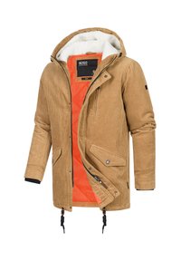 Parka de pana marrón con capucha, forro acolchado naranja, borde de forro polar, cremallera frontal, bolsillos con botón a presión y dobladillo con cordón.