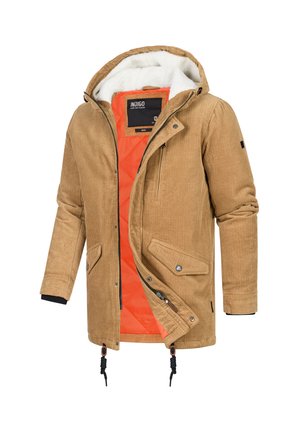 Parka in corduroy marrone con cappuccio, foderato in tessuto arancione trapuntato, rifinito in pile, dotato di zip frontale, tasche con bottone e orlo regolabile con cordino.