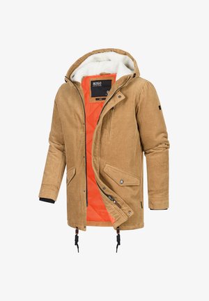 Ruskea samettinen parka, jossa on huppu, oranssi pehmustettu vuori, fleece-reunus, etuvetoketju, napsuläpät ja kiristettävä helma.