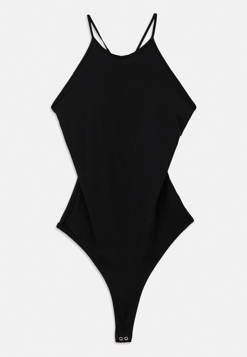 Maillot de bain une pièce noir avec des bretelles fines, une jambe haute et un dos décolleté, fabriqué en matière lisse et extensible. Aucun motif ni élément visible.