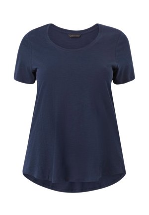 Marineblaue Kurzarm-T-Shirt mit U-Boot-Ausschnitt, aus weichem Stoff gefertigt, mit lockerer Passform und abgerundetem Saum für komfortables Tragen.