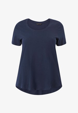 T-shirt corto a maniche corte di colore blu navy con scollo a giro, realizzato in tessuto morbido, caratterizzato da una vestibilità comoda e orlo arrotondato.