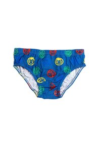 Mutande blu con loghi rotondi di supereroi colorati in motivi rosso, giallo, verde e nero. Vita elastica e tessuto morbido.