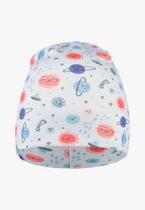White baby hat with colorful smiling planets, suns, stars, comets, and UFOs in blue, red, and green space-themed pattern.