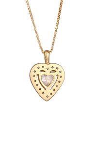 Gul hjertet pendant med perforeret detaljer, der har en central glat perle-lignende sten. Hængende fra en fint kædendis.