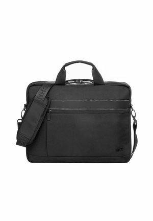 Czarna torba na laptop z przednią kieszenią na zamek, wyściełanymi uchwytami oraz regulowanym paskiem na ramię z wyściełaniem i białym poziomym przeszyciem.