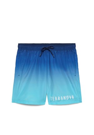 Costume da bagno da uomo con sfumatura dal blu al celeste, vita elasticizzata, coulisse, tasche laterali e scritta "TERRANOVA" sulla gamba sinistra.
