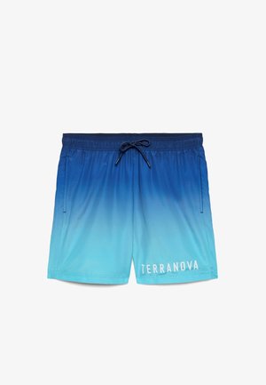 Costume da bagno da uomo con sfumatura dal blu al celeste, vita elasticizzata, coulisse, tasche laterali e scritta "TERRANOVA" sulla gamba sinistra.