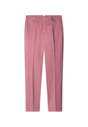 Roze katoenen broek met een recht model, voorzien van voorplooien, een knoopsluiting en zijzakken. Glad oppervlak en een getailleerde pasvorm.