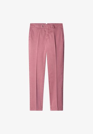 Roze katoenen broek met een recht model, voorzien van voorplooien, een knoopsluiting en zijzakken. Glad oppervlak en een getailleerde pasvorm.