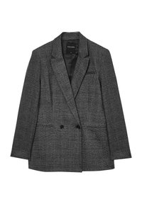 Blazer grigio a motivo houndstooth, design doppiopetto con rever a punta, due tasche frontali e bottoni neri. Tessuto morbido e testurizzato.