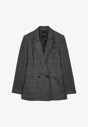 Blazer à motif houndstooth gris, design à double boutonnage avec revers crantés, deux poches avant et boutons noirs. Tissu à texture douce.