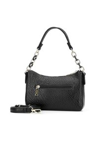 Zwarte leren handtas met een textuurafwerking, enkele bovenhandgreep, afneembare schouderband en een zijvak met rits aan de voorkant. Voorzien van gouden hardware accenten.