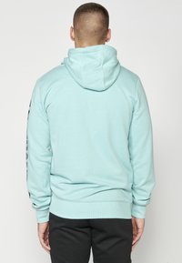 Sudadera verde menta hecha de tela suave, con capucha ajustable mediante cordones y puños acanalados. Detalle del logo negro en la manga izquierda.