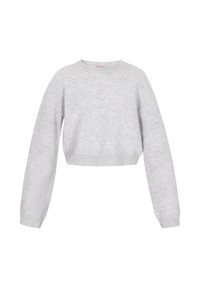Szary krótki sweter z okrągłym dekoltem, długimi rękawami i miękką teksturą. Prosty wzór dzianiny, bez ozdób ani detali metalowych.
