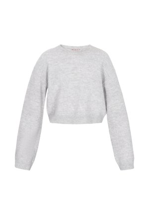 Hallitatud hall särk lühikeste varrukatega, ümmarguse kaelusega ja pehme tekstuuriga. Lihtne kudumuster, ilma kaunistuste või metalldetailideta.