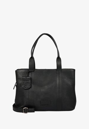 Sac fourre-tout en cuir noir avec finition texturée, doubles poignées, bandoulière amovible, fermeture éclair, et détail en relief avec logo.