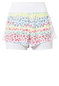 Shorts de sport blancs avec des shorts de compression blancs intégrés, présentant un motif léopard coloré et abstrait sur la couche extérieure.
