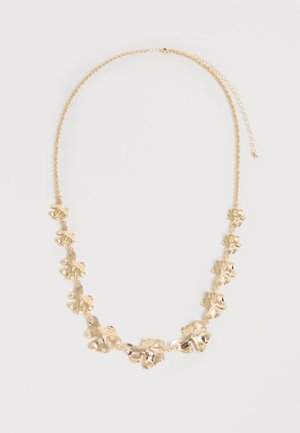 Gold-tone necklace with textured, irregularly shaped floral link charms on a fine chain and adjustable clasp.