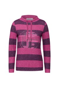 Sweatshirt rayé rose et violet avec un col montant, cordon de serrage, et motif imprimé sur le devant. Tissu doux et texturé.