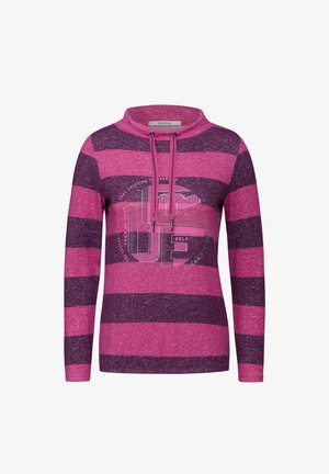 Rosa och lila randig sweatshirt med hög krage, dragsko-detalj och tryckt grafisk design fram. Mjuk textur.