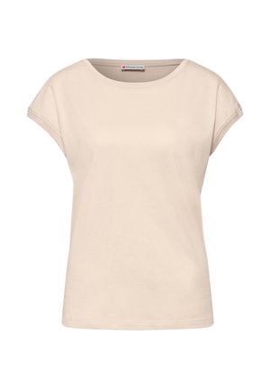 T-shirt beige à manches courtes pour femme avec un col rond et de petites manches « cap », design uni, avec une étiquette Street One à l'intérieur.