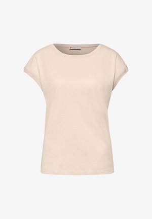 Beżowa damska koszulka z krótkim rękawem, okrągłym dekoltem i delikatnymi rękawami typu cap, gładki wzór, z metką Street One wewnątrz.