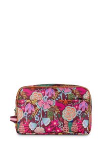 Cosmetica-tasje met bloemenprint in levendige roze, oranje en groene kleuren. Gemaakt van duurzaam materiaal, met een ritsluiting en een handvat.