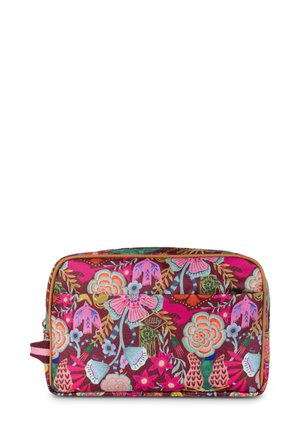 Cosmetica-tasje met bloemenprint in levendige roze, oranje en groene kleuren. Gemaakt van duurzaam materiaal, met een ritsluiting en een handvat.