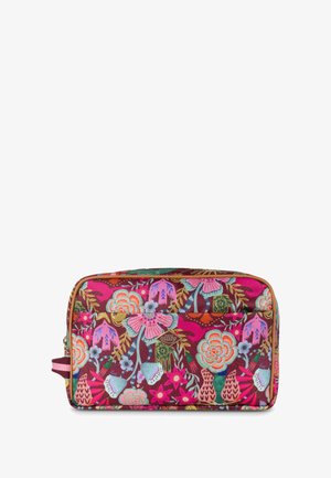 Cosmetica-tasje met bloemenprint in levendige roze, oranje en groene kleuren. Gemaakt van duurzaam materiaal, met een ritsluiting en een handvat.