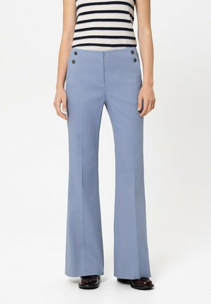 Light blue flared pants with a smooth fabric finish, featuring dual buttons at the waist and subtle side pockets. Tailored fit style.