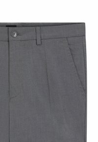 Gray tailored trousers made of textured fabric, featuring a button closure, front pockets, and a straight leg design.