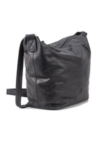Borsa a tracolla in pelle nera con un design morbido, chiusura con zip e tracolla regolabile. Presenta una superficie liscia e dettagli di branding minimi.