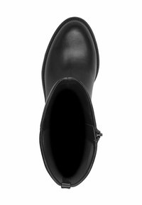Stivaletto alla caviglia in pelle nera con una texture liscia, punta rotonda e una piccola cerniera laterale. La suola sottile e testurizzata offre una buona presa.