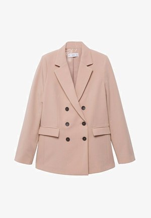 Dwurzędowa marynarka z miękkiego różowego materiału. Charakteryzuje się ostrymi klapami, czarnymi guzikami i dwoma przednimi kieszeniami. Gładka faktura, dopasowany krój.