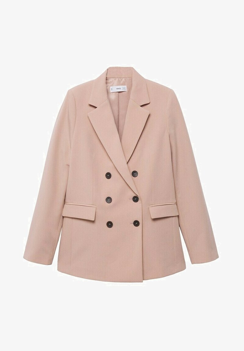 Blazer croisé en tissu rose doux. Présente des revers nets, des boutons noirs et deux poches avant. Texture lisse, coupe ajustée.