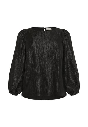Blusa nera in tessuto testurizzato con maniche lunghe a sbuffo, scollatura rotonda e piccola chiusura con bottone sul retro nel collo.