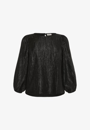 Schwarze, strukturierte Bluse mit langen Puffärmeln, rundem Halsausschnitt und kleiner Knopfverschluss hinten am Nacken.