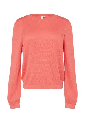 Pull en tricot corail avec une surface texturée, col rond et manches longues. Fini avec des poignets et un ourlet côtelés pour un ajustement snug.