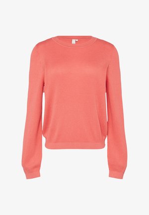 Pull en tricot corail avec une surface texturée, col rond et manches longues. Fini avec des poignets et un ourlet côtelés pour un ajustement snug.