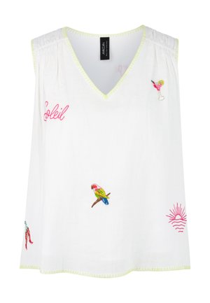 White sleeveless blouse with yellow trim, embroidered with "Soleil," a cocktail, a parrot, chili peppers, and a rising sun design.