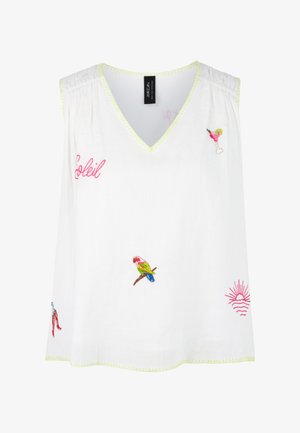 Weiße ärmellose Bluse mit gelbem Besatz, bestickt mit „Soleil“, einem Cocktail, einem Papagei, Chilischoten und einem Design mit aufgehender Sonne.