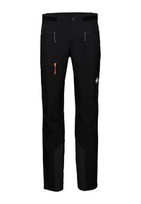Sorte udendørs bukser med orange lynlåsdetaljer, meshpaneler ved de nederste ben og to skrå forlommer til opbevaring.
