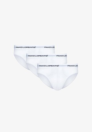 Białe bawełniane slipy w opakowaniu po trzy, z czarnym logo na pasku. Gładka faktura z klasycznym krojem slipów.